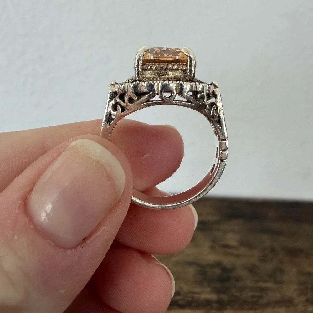 Sterling Silver Ring Oval‎ Orange CZ Marcasite Accent Oxidized Finish Size 8.75